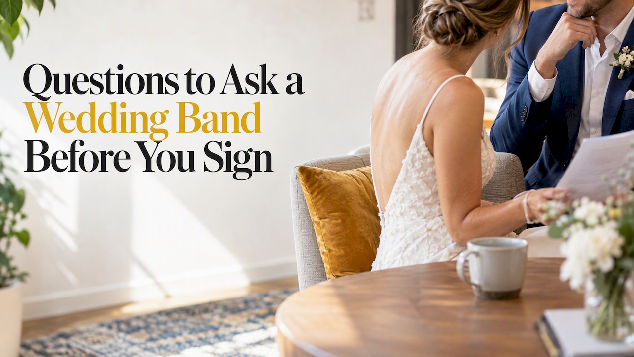 Bride and groom reviewing a band agreement