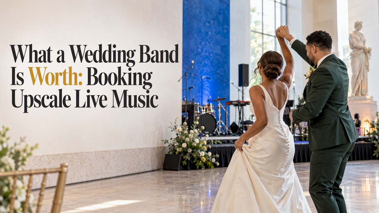 Newlyweds dancing beside a live music stage